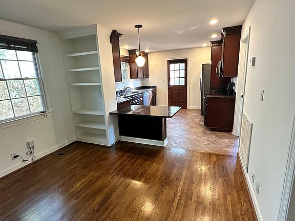 Living room with built in shelves