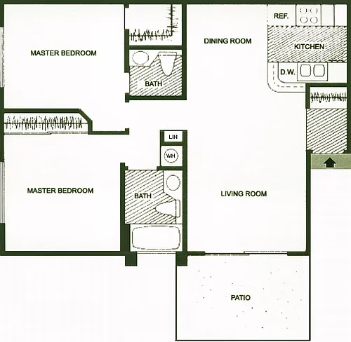 Floor plan 2 Bedroom, 1 1/2 Bath w/ Patio