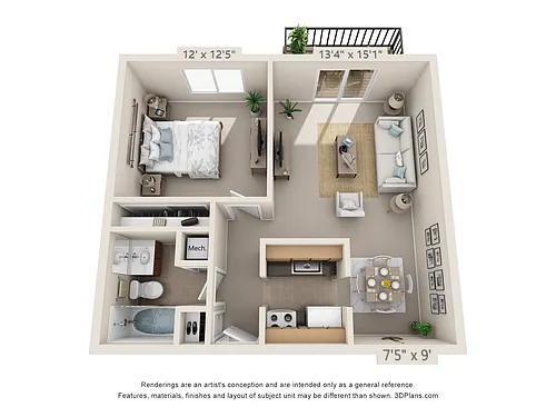 Floor plan 1 Bedroom, 1 Bath 652 A (Patio)