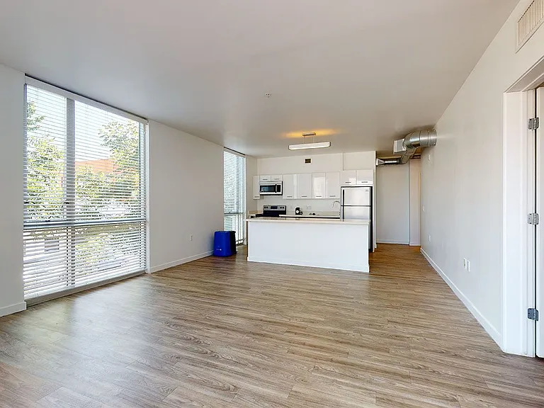 Apartment kitchen with stainless steel appliances, dining and living room with wood-style flooring.