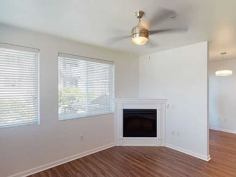 Apartment living room with wood-style flooring and fireplace.
