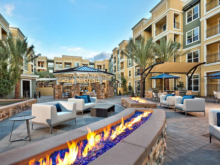Garden courtyard with fire pits