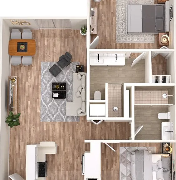 Modern 2D floor plan featuring 2 bedrooms, a cozy open-plan living and dining area, and a stylish kitchen with wood flooring.