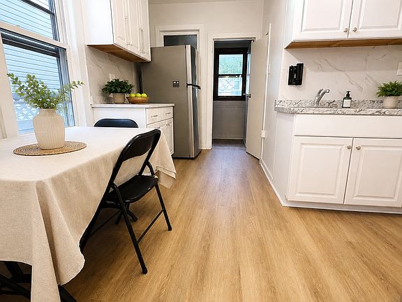 kitchen has stainless steel appliances