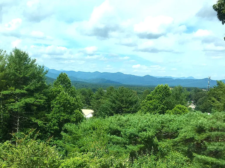View Mt. Pisgah Mountain range from window/top porch. We maintain tree cutting to assure year-round view from top deck and bedroom.
