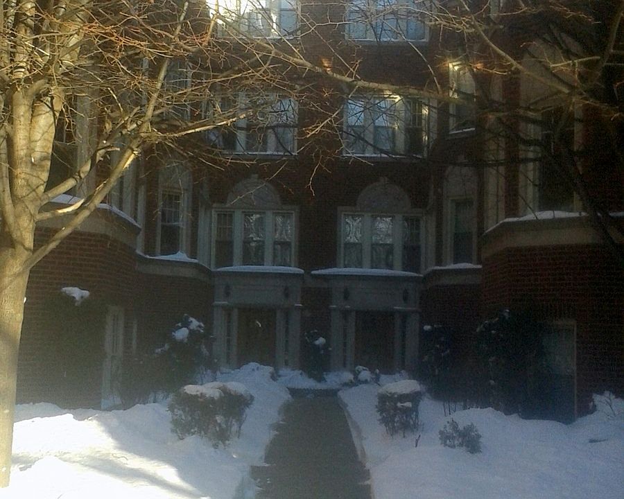 Snow covered courtyard entry