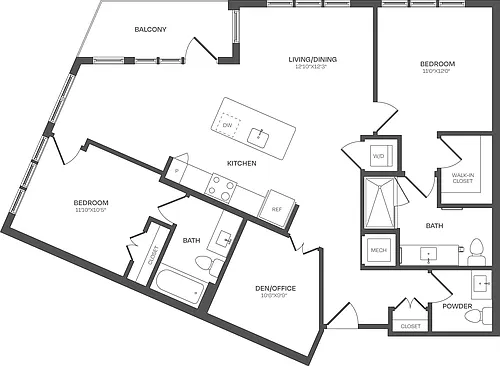 Floor plan 2 Bed/2.5 Bath Den-D03