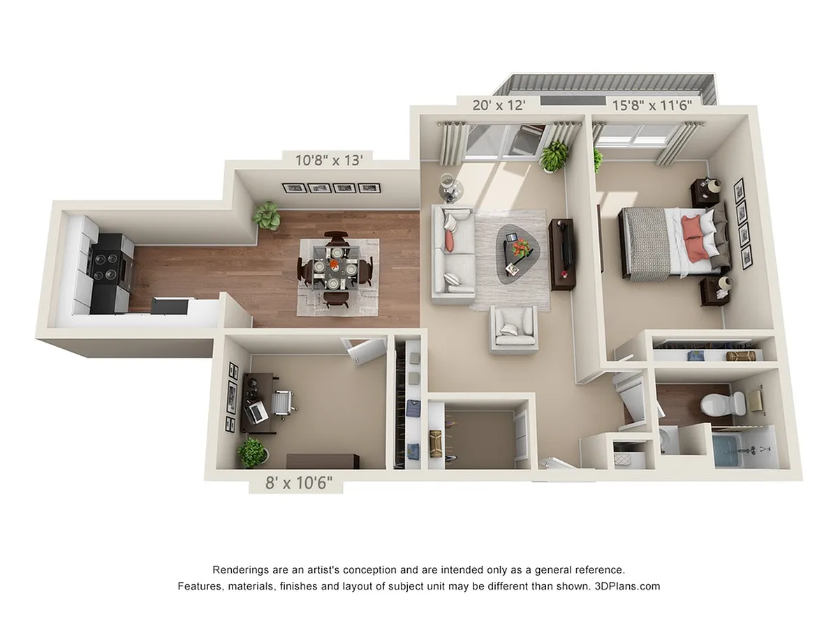 Floor plan 1-Bedroom 1-Bathroom w/ Den | 1,225 sqft