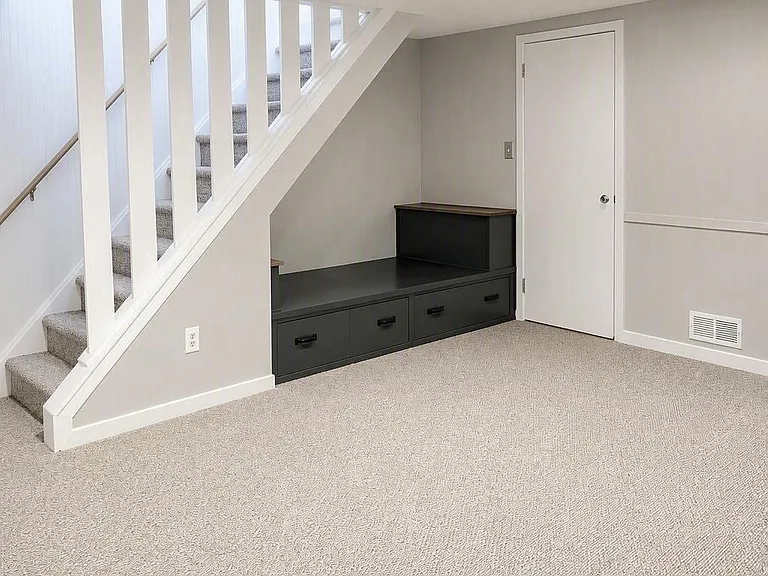 Finished basement with additional unfinished storage area