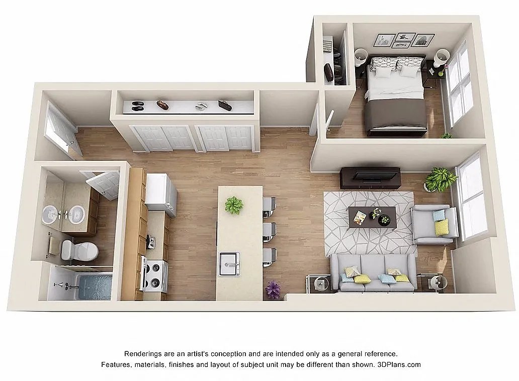 Floor plan One Bedroom - 60% AMI
