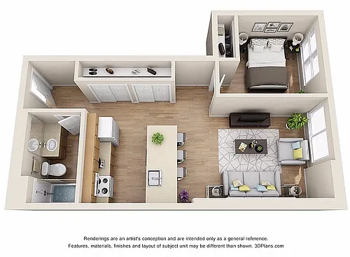 Floor plan One Bedroom - 60% AMI
