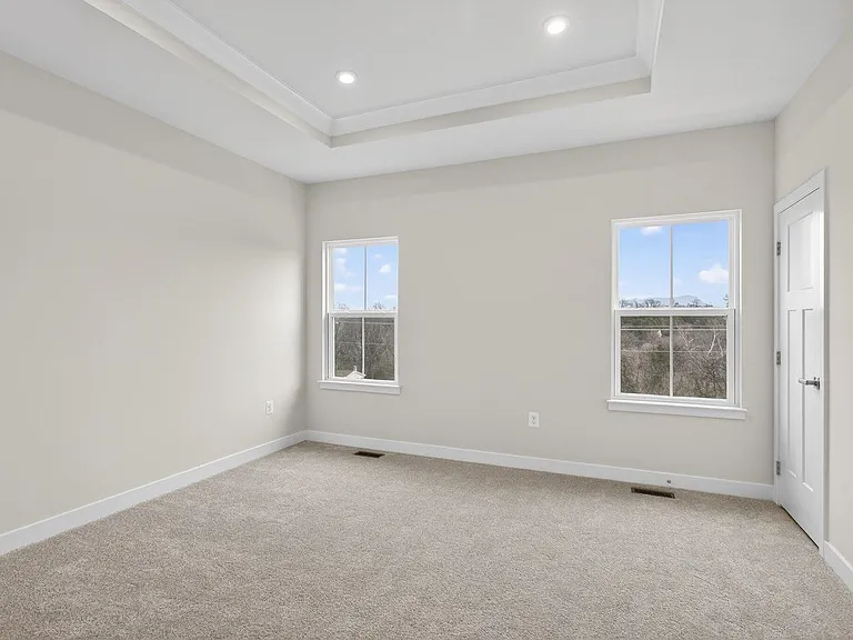 Master bedroom with plush carpeting, and two windows overlooking the backyard