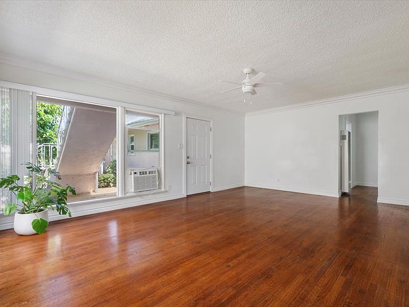 Sunbathed living room faces the lush avocado tree and succulents of the front patio. Cross air and shades keeps apartment cool, but AC and Ceiling fan available for peak of summer, if needed..