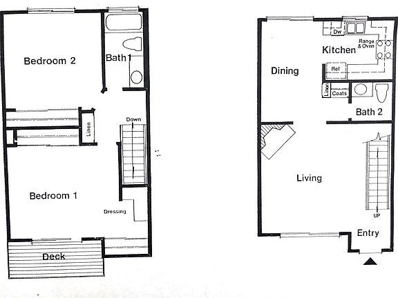 Floor plan of townhome style unit with first floor displayed on the right and upstairs on the left. This is the mirror image of the actual unit.