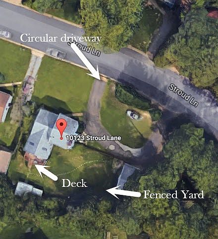 Outside area of house, including yard, driveway, deck