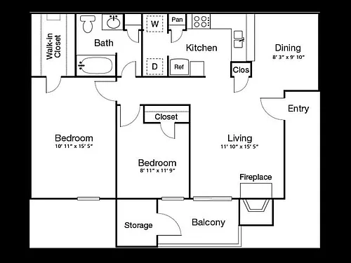 Floor plan 2 Bed, 1 Bath A (80% Income Restricted)
