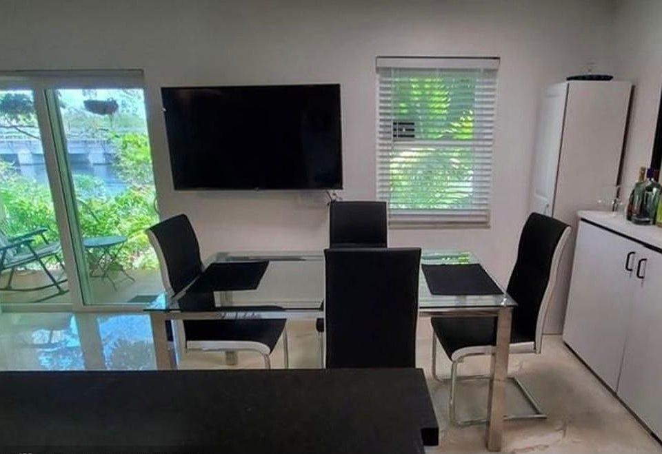 Dining area with water views.