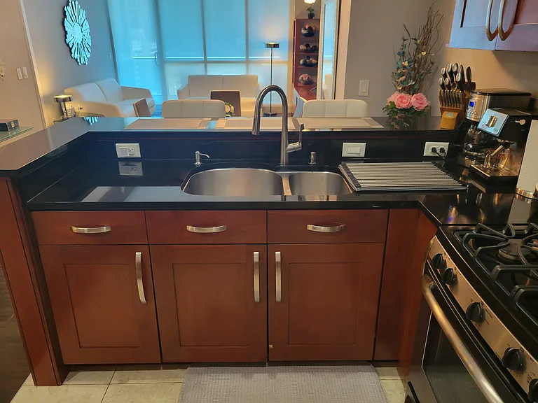 Kitchen double sink and cabinets