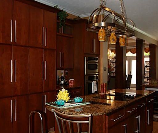 Kitchen with Center Island and Pot Rack.