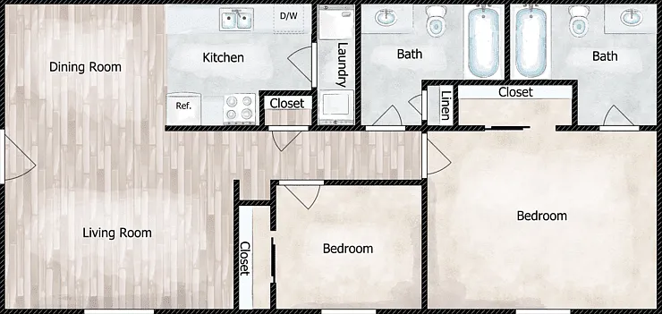 2 Bed 2 Bath Floorplan Diagram