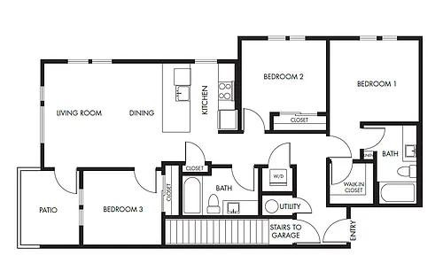 Floor plan 3 Bed 2 Bath Garden with Garage - 1226A