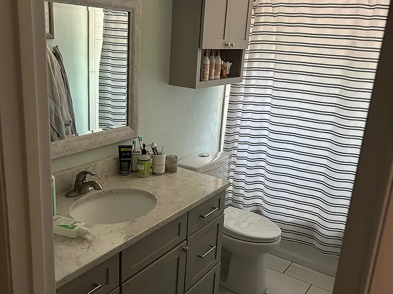 Bathroom #1: remodeled with tub and shower next to two large downstairs bedrooms
