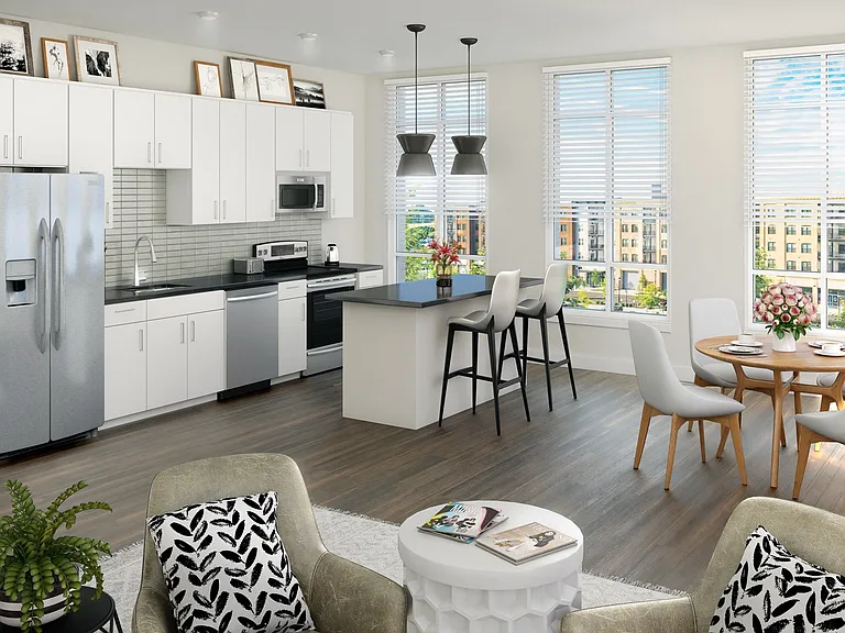 Gallery Unit Rendering showing an open kitchen and 5th floor view