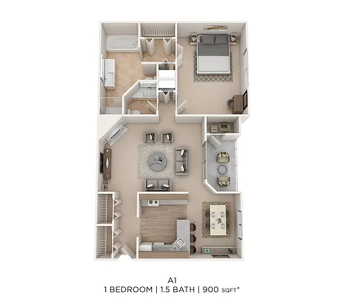 Floor plan One Bed 1.5 Bath 900 Sqft