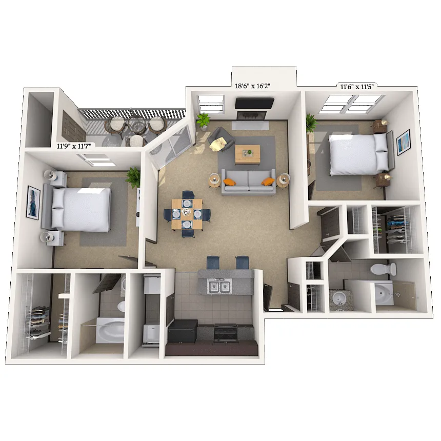 Floor plan Traditional 2x2 973-1062 SF