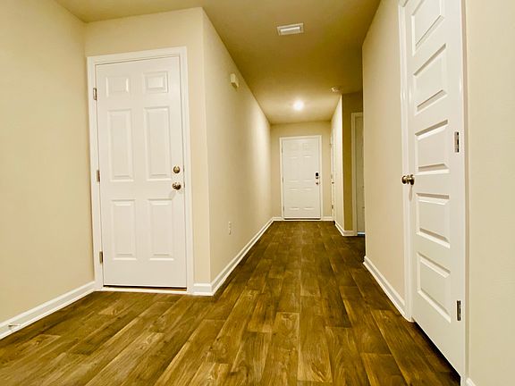 Hallway. Garage door left. Front door center. Two hall closets right.