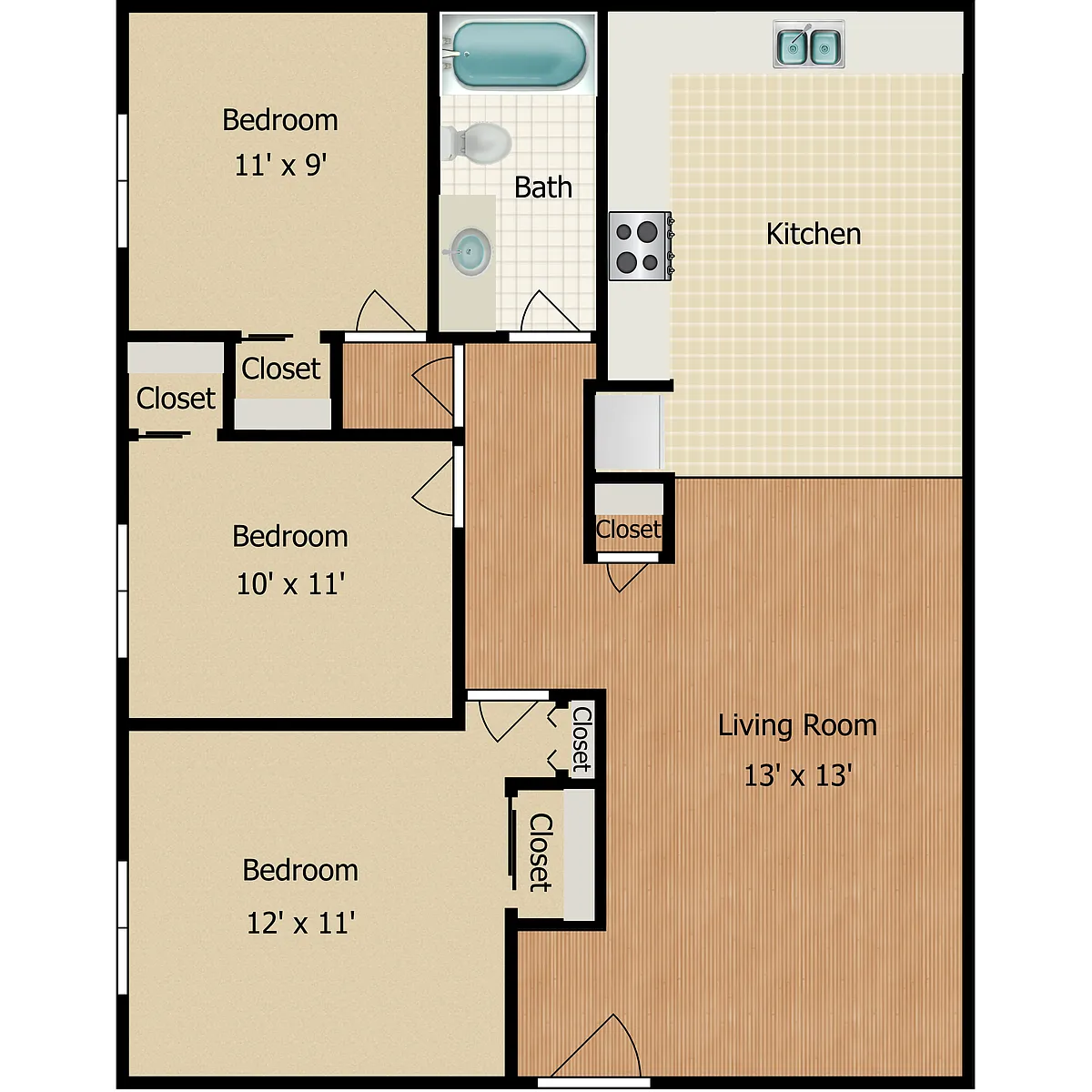 Floor plan 3 Bedroom 1 Bath
