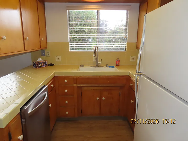 Kitchen sink area with dishwasher and refrigerator