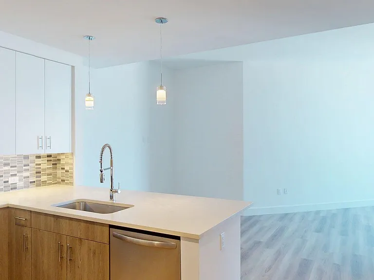 Apartment Kitchen with Stainless Steel Appliances, Dining and Living Room with Wood Style Flooring.