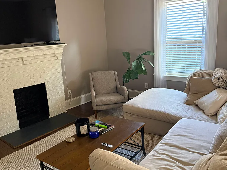 living room gets great light throughout the day. Faux wooden blind help with temperatures and privacy