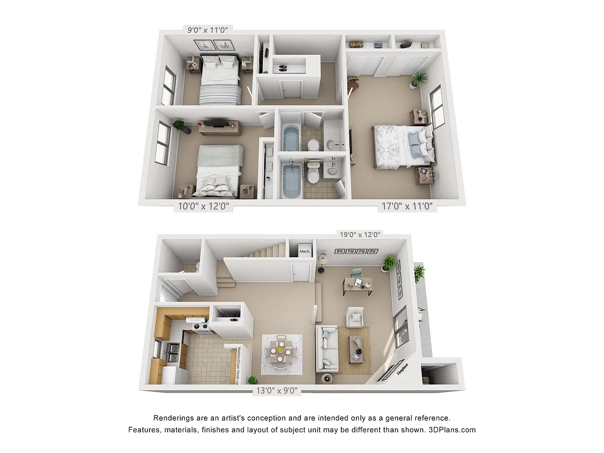 Floor plan 3 Bedroom, 2 1/2 Bath Townhome
