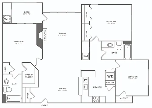 Floor plan Three Bedroom Two Bath (1295 SF)