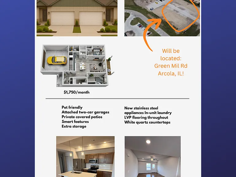 Introducing Reserve Arcola Duplexes
Luxury living meets rural comfort. Modern finishes, stainless steal appliances, in unit washer and dryer, 2 car garage, kitchen island with quartz countertops. Brand new build for lease May of 2026!