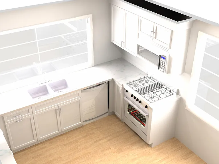 Renderings of updated kitchen (will include a large single basin sink and electric range)