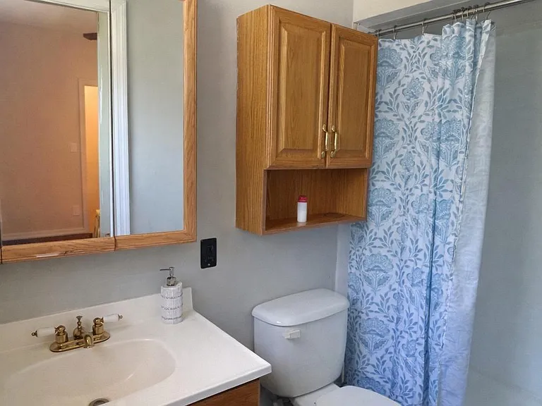 Full bathroom with a vanity and mirror, overhead lighting, wall storage cabinet, and a tub/shower combo with curtain.