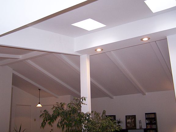 Cathedral ceiling with skylights and beams