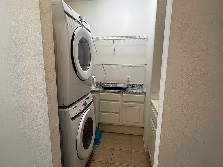 New washer and dryer available to use with no extra charge. Tenant just buys their own detergent, and cleans lint tray & area after each use. Each tenant will have their own designated day to do laundry.