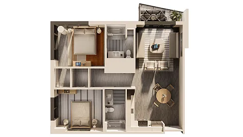 Floor plan East 2 BR Balcony Corner Sunset