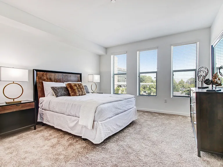Bedroom with plush carpet floors
