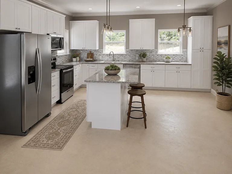 Refrigerator included, granite topped island, plenty of cabinets. Space for a kitchen table on the right side.