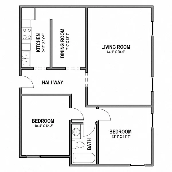 Floor plan 2 BR 1 Bath Units 21,23,25