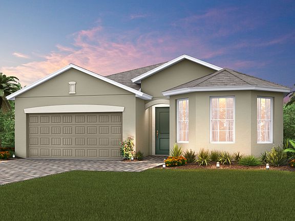 The Marina, a single-story home with a 2 car garage, shown as Home Exterior FM2B