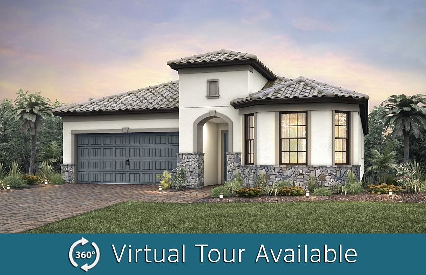 The Pompeii, a single-story family home with a 2 car garage, shown with Home Exterior FM2B