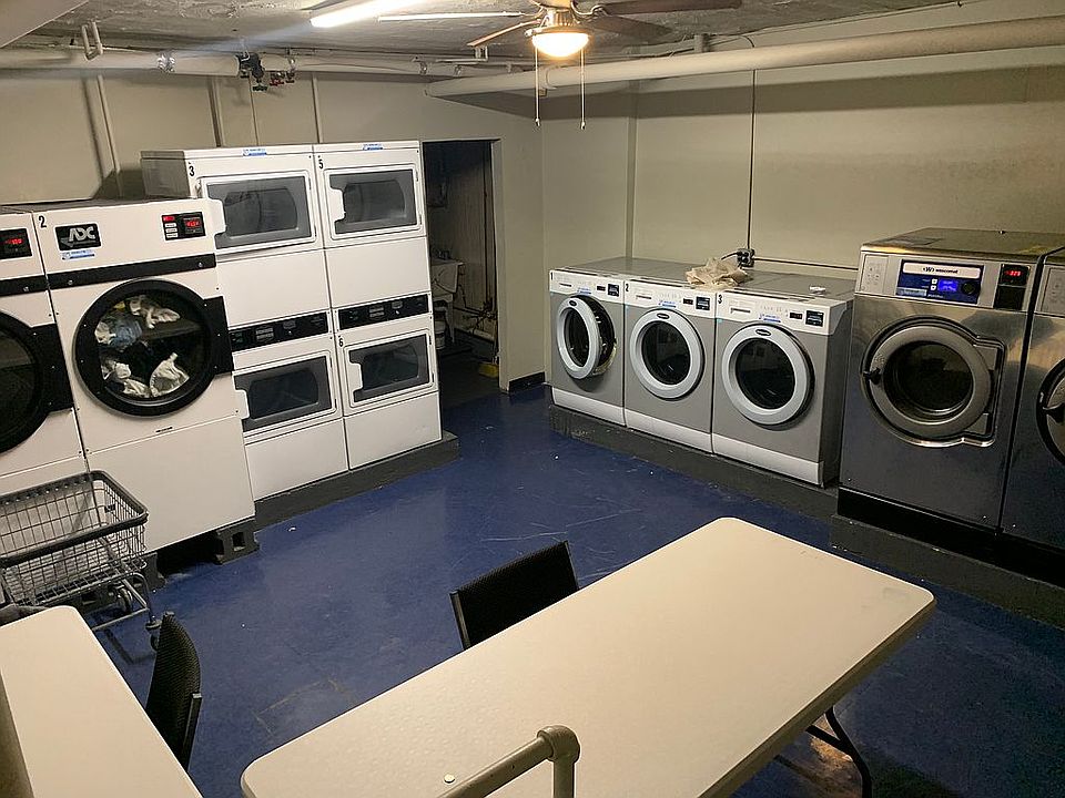 Laundromat inside building. 