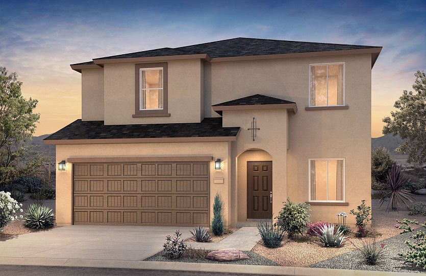 The two-story Dennison shown in Elevation A features a shingle roof and covered front entry.