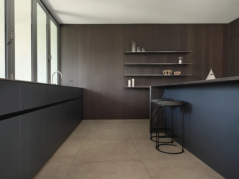 Sleek Kitchen with Integrated Design _ Featuring custom dark wood paneling, minimalist cabinetry, and open shelving, this kitchen balances form and function effortlessly.